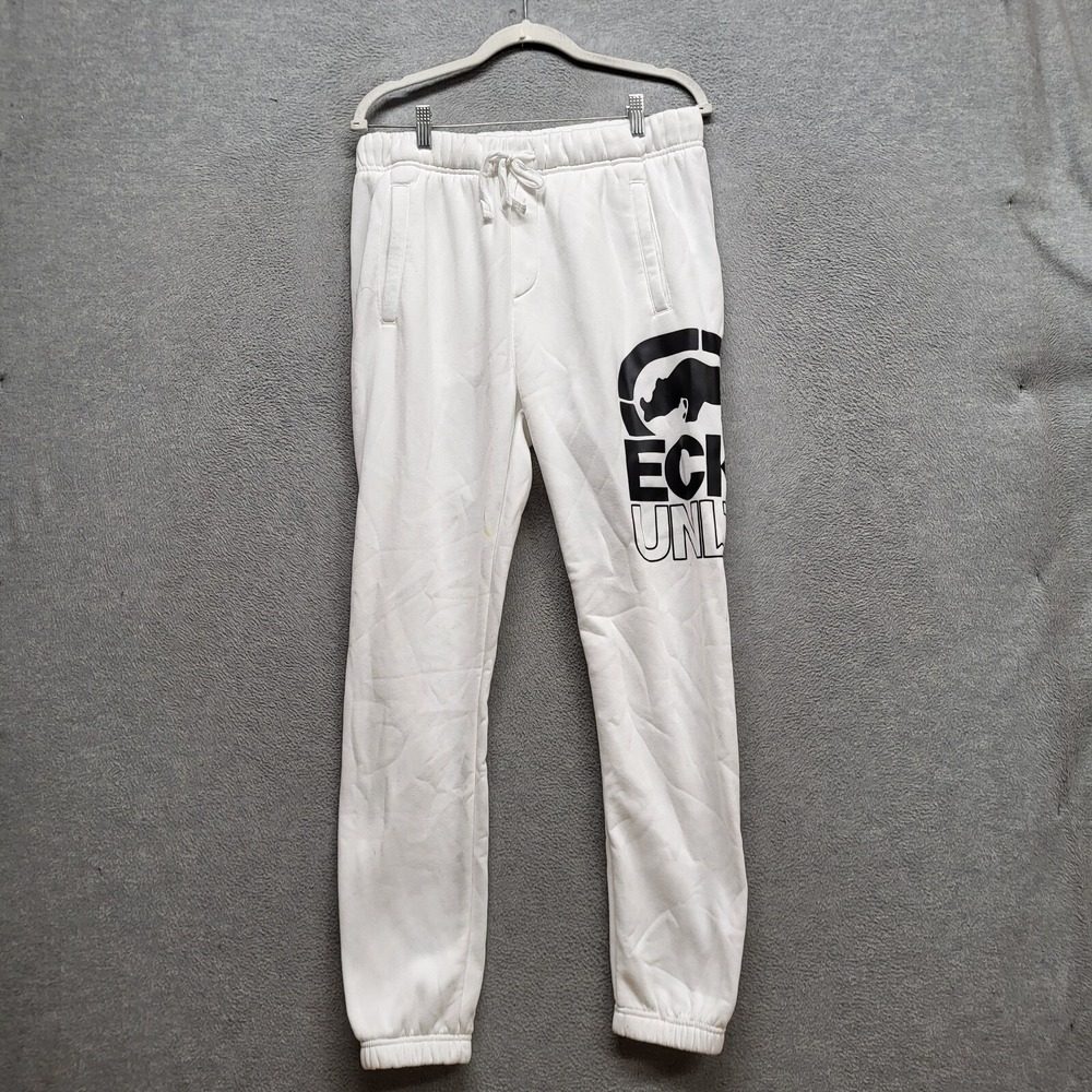 Ecko Unltd Men Activewear Pants Medium White Jogger Logo Drawstring Pocket READ